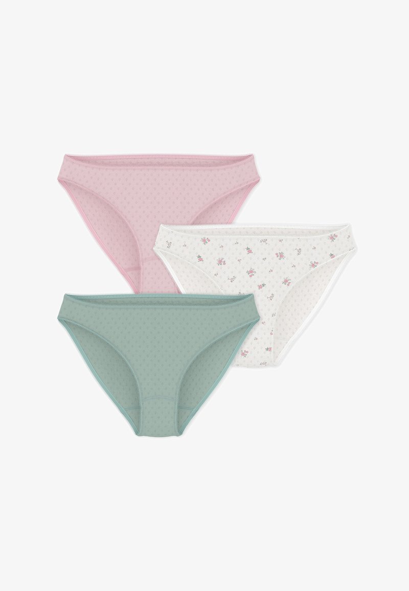 Trois culottes de style bikini pour femmes en rose pastel uni, vert pastel uni, et blanc avec de petits imprimés floraux roses sur un fond blanc.