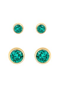 Guldtonede stud-øreringe med runde, lyse turkise ædelsten. To par: et lille og et større, begge med glatte metalliske indfatninger.