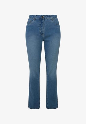 Mitteldunkle, hoch taillierte Jeans mit Knopf- und Reißverschluss, vorderen Taschen und leicht ausgestellten, geraden Beinen.