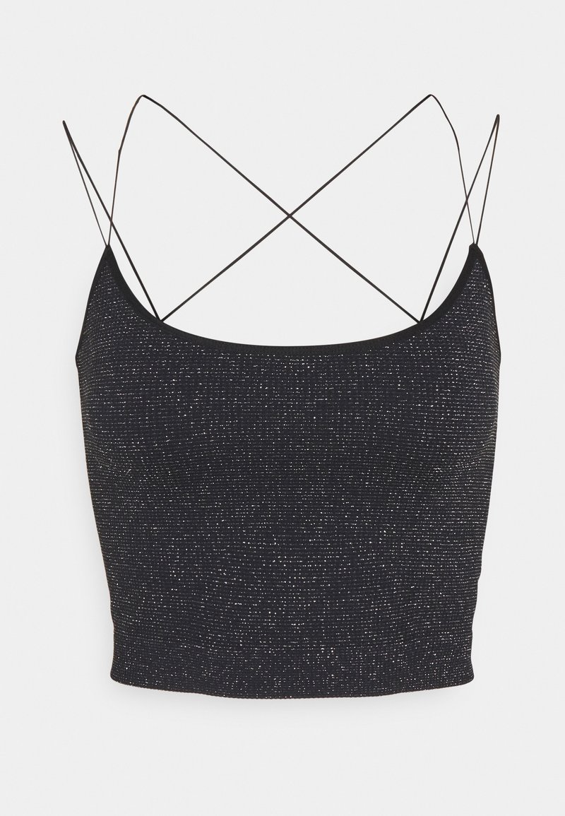 Débardeur noir court avec fines bretelles spaghetti croisées et un subtil pailleté argenté sur tout le tissu.