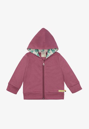 Burgunderfarbene Zip-Hoodie mit einer weichen Textur, ausgestattet mit einem Futter im grünen Schneckenmuster und einem Reißverschluss vorne. Die Bündchen und der Saum sind gerippt.