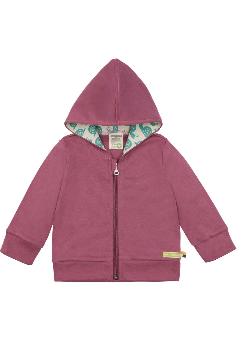 Felpa con zip color bordeaux, realizzata in un tessuto morbido, con una fodera a motivo di chiocciola verde e una cerniera frontale. I polsini e l'orlo sono a coste.