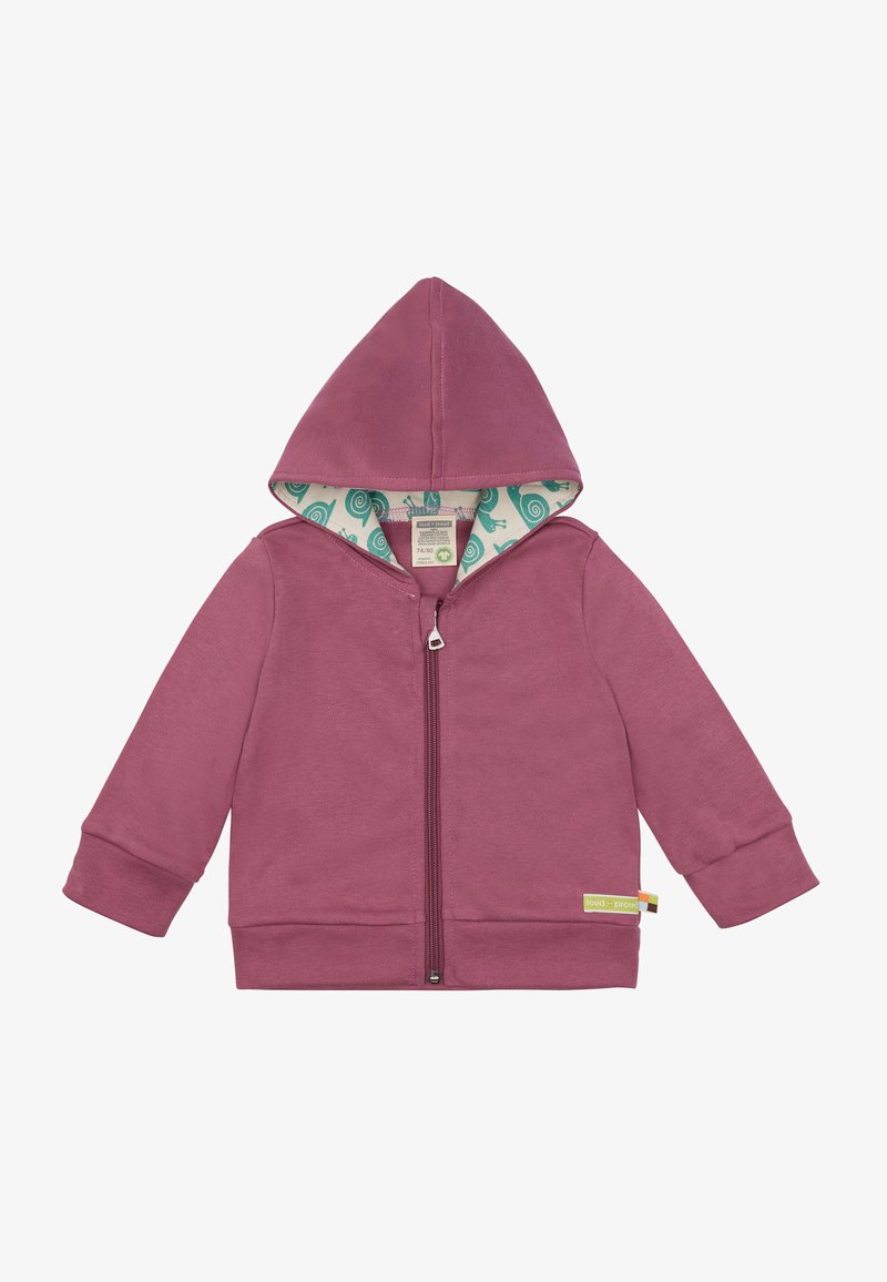 Felpa con zip color bordeaux, realizzata in un tessuto morbido, con una fodera a motivo di chiocciola verde e una cerniera frontale. I polsini e l'orlo sono a coste.