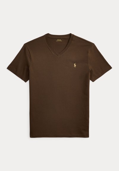 Καφέ μπλουζάκι V-neck με κοντά μανίκια και μικρό χρυσό λογότυπο Polo Ralph Lauren κεντημένο στο αριστερό στήθος.