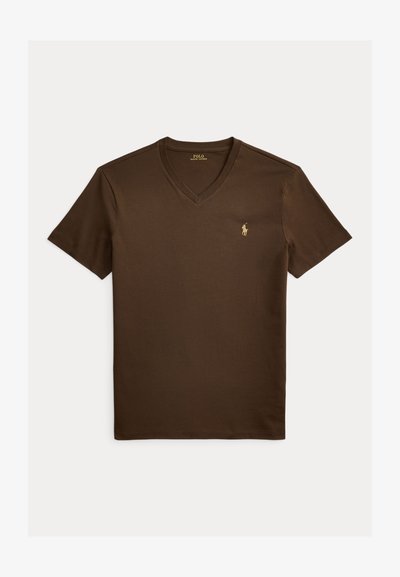 Καφέ μπλουζάκι V-neck με κοντά μανίκια και μικρό χρυσό λογότυπο Polo Ralph Lauren κεντημένο στο αριστερό στήθος.
