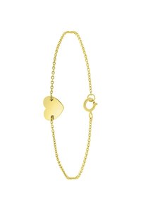 Gouden kettingarmband met een hartvormige hanger. De ketting is delicaat met een ovaal schakelontwerp en een veilige karabijnsluiting.