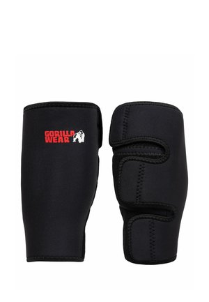 Zwarte polsbandjes met klittenbandsluitingen, waarvan één het rode Gorilla Wear-logo toont met een witte gorillagrafiek.