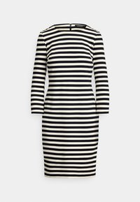 Svart og kremstripet kjole med båthals, lange ermer og glidelås bak. Har gullakserte skulderknapper.