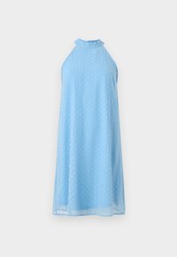 Light blue halter dress with a textured dotted pattern, soft fabric, a high neck, and a loose fit, falling just above the knees.