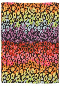 Multicolored scarf featuring a leopard print pattern in orange, pink, purple, and green against a black background, with soft fabric texture.