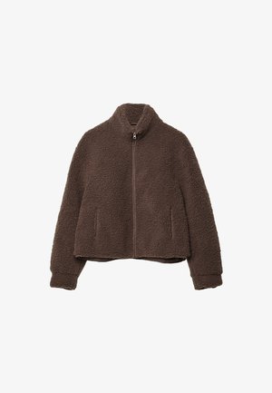 Brown fleece jacket with high collar, zippered front, and two side pockets. Soft texture, relaxed fit, and ribbed cuffs.