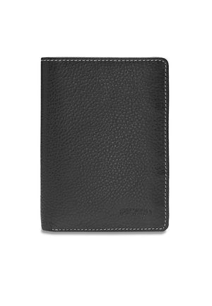 Schwarzes Lederportemonnaie mit strukturierter Oberfläche und weißen Nähten entlang der Kanten, geschlossen, mit geprägtem Markennamen "PICARD" in der unteren rechten Ecke.