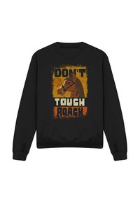 Schwarzer Sweatshirt mit einem Grafik eines Pferdekopfes und dem Text "NICHT ANFASSEN ROACH" in fetter Schrift und orange-weißen Farben.