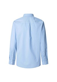Ljusblå långärmad skjorta i bomull eller bomullsmix, med krage som kan knäppas ner och knäppte manschetter, med en slät yta.
