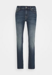 Tmavě modré džíny z denimu se střihovým designem rovného nohavice, s vybledlým vzhledem, pěti kapsami a zapínáním na zip s knoflíkem.