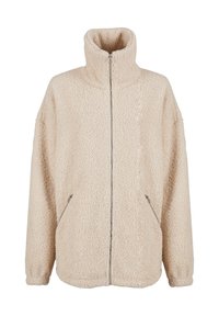 Beige sherpa jope kõrge krae, täispikk lukk ja küljetaskud. Pehme, tekstuuritud kangas ja lõdva lõikega.