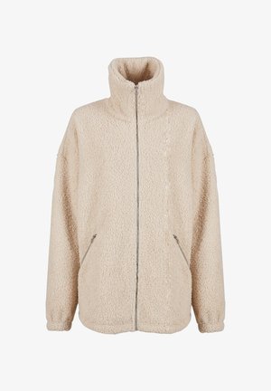 Beige sherpa-jakke med høj krave, fuld lynlås og sidelommer. Blødt, struktureret stof med en afslappet pasform.