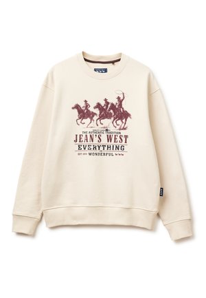 Beżowa bluza z trzema kowbojami jeżdżącymi na koniach oraz ciemnoczerwonym napisem "Jean's West Everything is Wonderful" na przodzie.