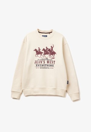 Beige sweatshirt met drie cowboys te paard en de tekst "Jean's West Everything is Wonderful" in donkerrood gedrukt op de voorkant.