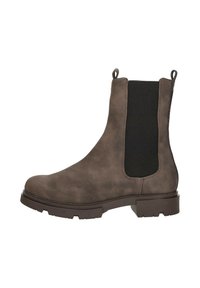 Bruine suède chelsea boots met zwarte elastische zijkanten, treklussen, ronde neus en chunky rubberen zool. Getextureerd oppervlakdetail.