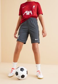 Liverpool FC rotes Trikot mit vertikalen Streifen, graue Shorts, weiße Socken und rote Schuhe, hält einen schwarz-weißen Fußball.