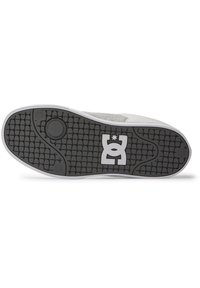 Šedá podrážka skateboardové boty s texturovaným černým gumovým povrchem, na kterém se nachází bílé logo DC a kruhový vzor pro lepší grip.