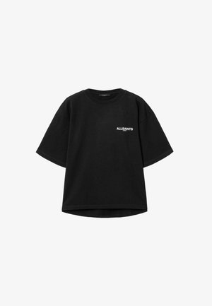 Zwart oversized T-shirt met korte mouwen en het "ALLSAINTS LONDON" logo in het wit op de linkerborst, ronde halslijn en rechte zoom.