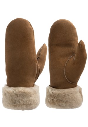 Mittens in suede marrone con un morbido polsino in pelliccia sintetica beige, caratterizzati da un design curvo e una sezione del pollice distintiva. Texture liscia in tutto il guanto.