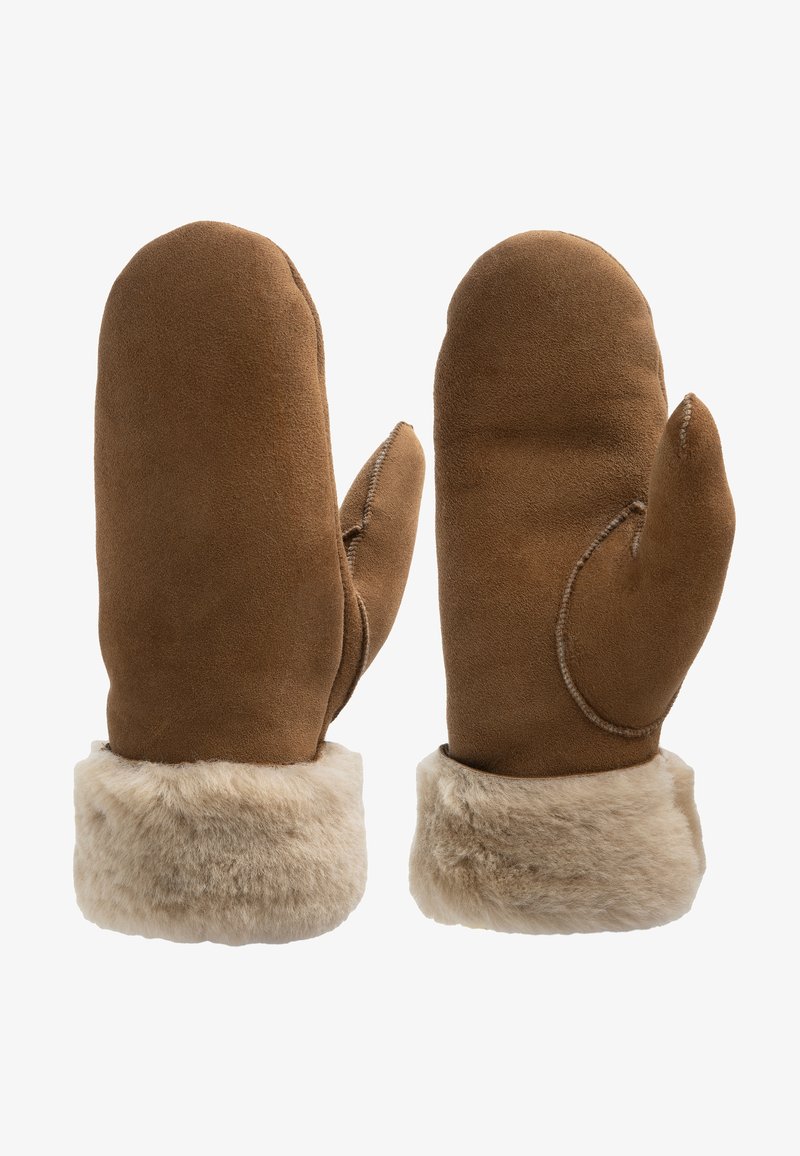 Smeđe suède rukavice s mekim bež umjetnim krznom na manžetama, s zakrivljenim dizajnom i istaknutim dijelom za palac. Glatka tekstura kroz cijele rukavice.