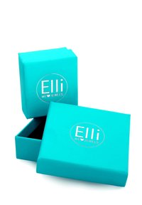 Turkiozi papuošalų dėžutė, kvadrato forma, matinė apdaila, su sidabriniu logotipu "Elli WE ♥ JEWELS," viena atidaryta dėžutė parodanti tamsų vidų.
