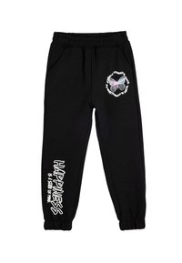 Zwarte sweatpants met een elastische tailleband, zijzakken en omgeslagen enkels. Voorzien van witte tekst en een vlinderafbeelding. Zachte textuur.