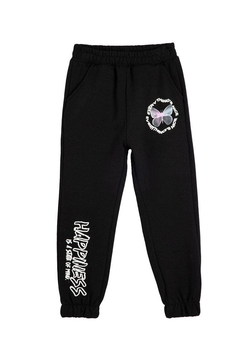 Zwarte sweatpants met een elastische tailleband, zijzakken en omgeslagen enkels. Voorzien van witte tekst en een vlinderafbeelding. Zachte textuur.