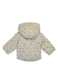 Giacca beige per bambini con cappuccio, caratterizzata da una stampa ripetuta di animali e natura, realizzata in morbido tessuto con una texture liscia.
