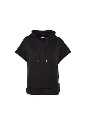 Sweat à capuche noir à manches courtes avec cordons, manches retroussées et coupe décontractée, présenté sur fond blanc.