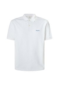 White polo shirt made of cotton, featuring a subtle blue pattern and a small embroidered logo on the chest. Classic collar and short sleeves.