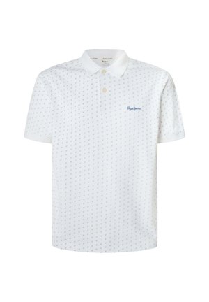 White polo shirt made of cotton, featuring a subtle blue pattern and a small embroidered logo on the chest. Classic collar and short sleeves.