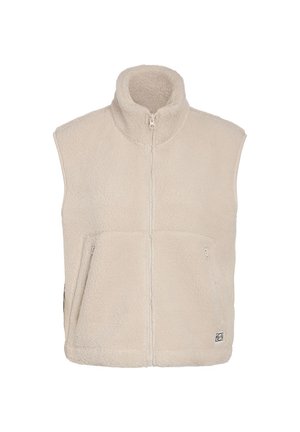 Beige, ermeløs fleecevest med ståkrage, glidelås foran og to glidelåslommer på sidene.