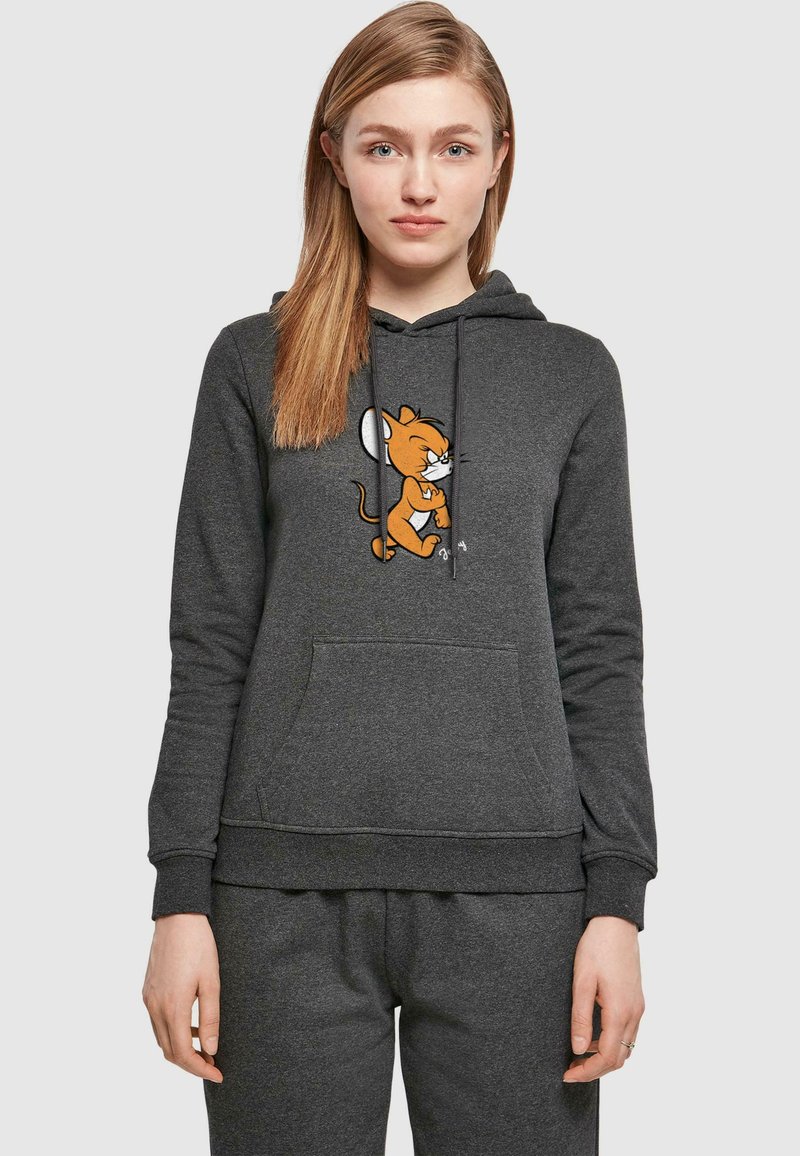 Grijze hoodie gemaakt van zacht materiaal, met een cartoon muizengrafiek op de voorkant, voorzien van een trekkoord capuchon en een kangoeroezak.