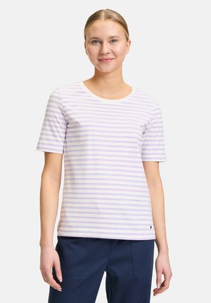 Gestreifte kurzärmelige Bluse aus hellviolettem und weißem Baumwollstoff. Hat einen runden Halsausschnitt und eine lockere Passform mit einem kleinen Logo am Saum.