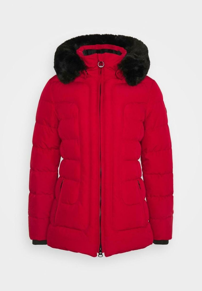 Rote Daunenjacke mit einer Kapuze aus schwarzem Kunstpelz, elfenbeinfarbener Reißverschluss vorne, zwei Seitentaschen und gestepptem Design. Mit kontrastierenden schwarzen Bündchen.