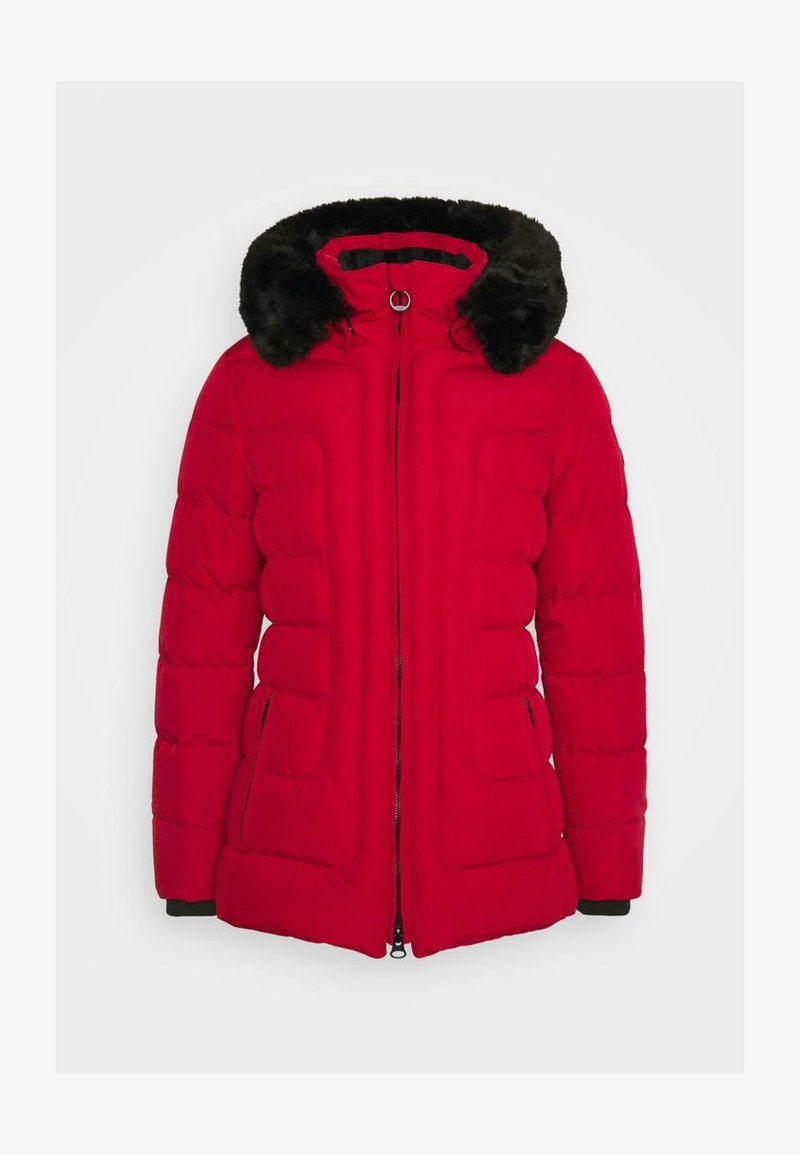 Rote Daunenjacke mit einer Kapuze aus schwarzem Kunstpelz, elfenbeinfarbener Reißverschluss vorne, zwei Seitentaschen und gestepptem Design. Mit kontrastierenden schwarzen Bündchen.
