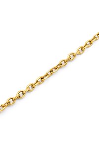 Cadena de metal dorado con eslabones ovalados, con un acabado pulido y forma uniforme, dispuesta en una línea continua sobre un fondo blanco.