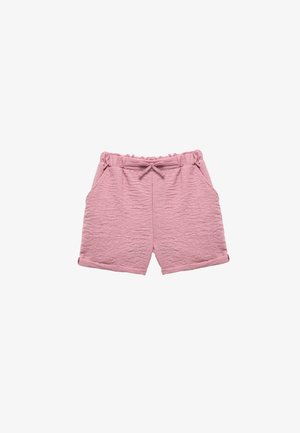 Shorts roses en tissu texturé, dotés d'une taille élastique avec cordon de serrage, de poches latérales et d'un ourlet retourné.