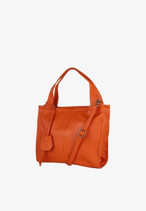 Orange leather handbag with dual handles, an adjustable shoulder strap with buckle, and a matching leather tag accessory.
