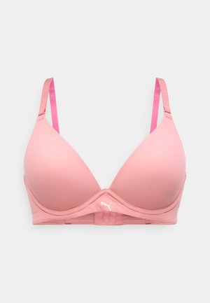 Απαλό ροζ βαμβακερό σουτιέν με ρυθμιζόμενους ιμάντες και ενίσχυση με μπανέλα, με μικρό λευκό λογότυπο Puma στο κέντρο μπροστά.