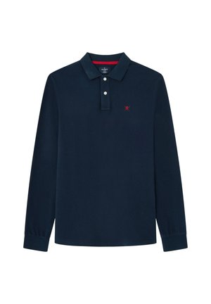Navy long-sleeve polo shirt made of soft cotton. Features a collared neck, three-button placket, and a red logo embroidered on the chest.