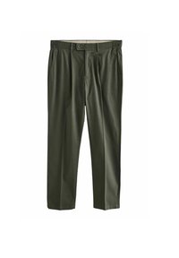Pantalon vert olive à coupe décontractée, doté d'une taille élastique, de deux poches avant et d'une texture lisse et tissée.