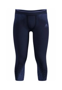 Marineblaue Sportleggings mit einer taillierten Passform, ausgestattet mit einem strukturierten Muster und einem elastischen Taillenbund, entworfen für Komfort und Flexibilität.