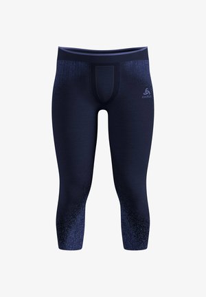 Navy blue athletic leggings with a fitted design, featuring a textured pattern and elastic waistband, designed for comfort and flexibility.