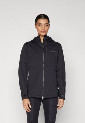Black softshell jacket with a hood, zip closure, and two side pockets. Features a subtle logo on the chest and textured fabric.